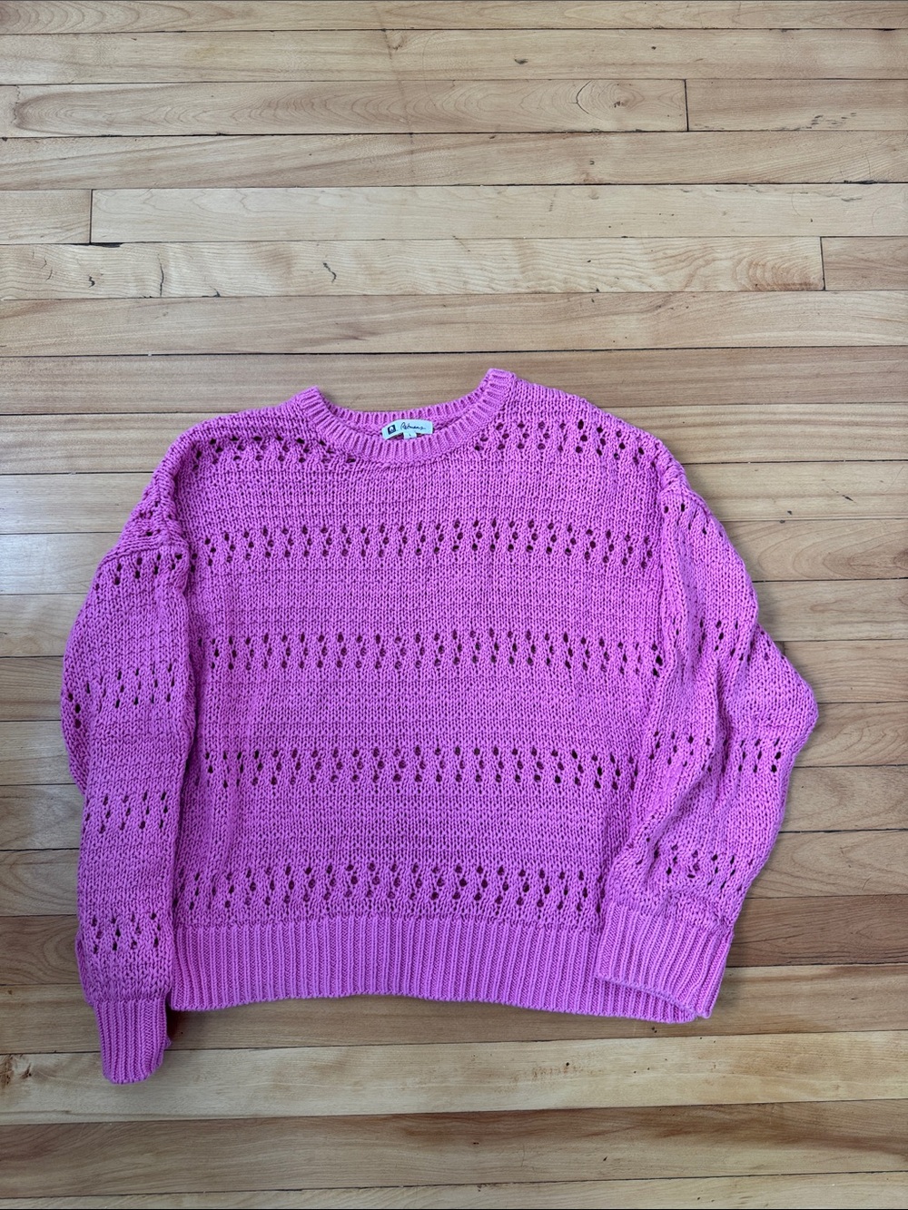 Bright Pink Openwork Knit Sweater - cotton